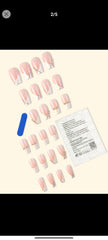 Shein 24pcs Medium Long T-shaped Pink Glitter French Geometry Patterned Nail Art Wrap, Detachable False Nails
