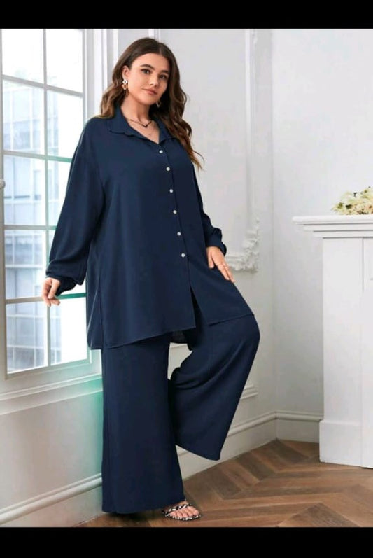 SHEIN LUNE Plus Solid Button Front Shirt & Wide Leg Pants (XL)