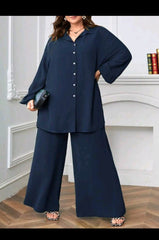 SHEIN LUNE Plus Solid Button Front Shirt & Wide Leg Pants (XL)