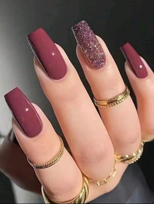 Shein Wine Red Solid Color Nails 24pcs