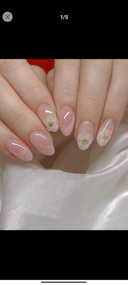 Shein Nails 24pcs Short Oval Shape Fashionable Pearl Shimmer Glitter Flower & Star Design Artificial Nail Tips, With 1pc Nail File, 1pc Jelly Gel