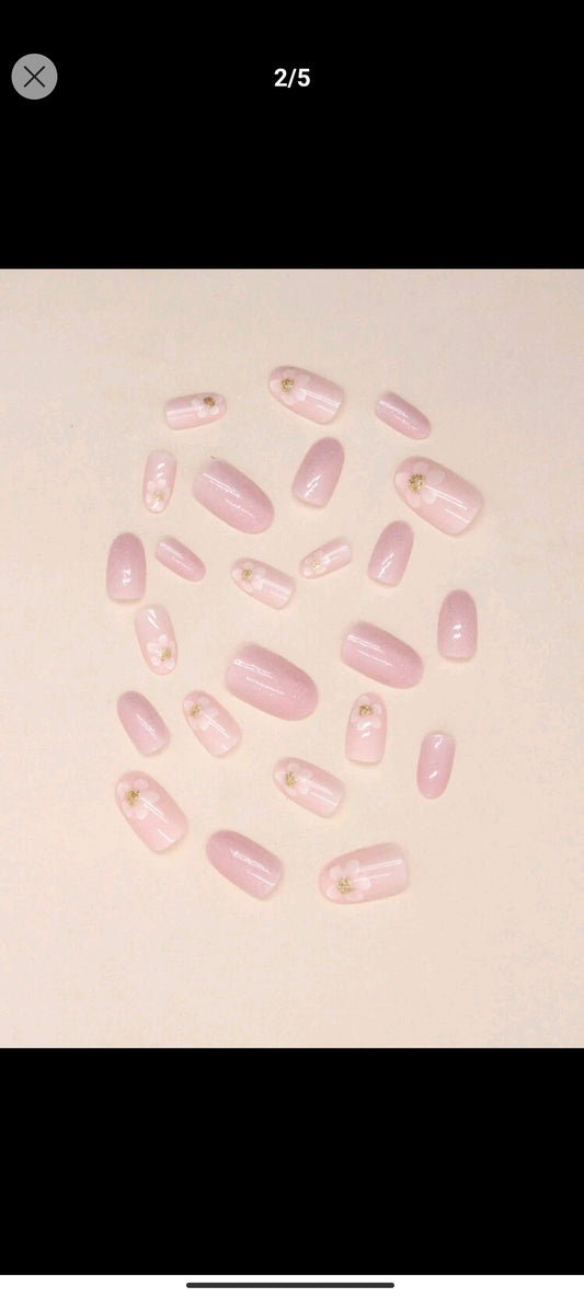 Shein Nails 24pcs Short Oval Shape Fashionable Pearl Shimmer Glitter Flower & Star Design Artificial Nail Tips, With 1pc Nail File, 1pc Jelly Gel