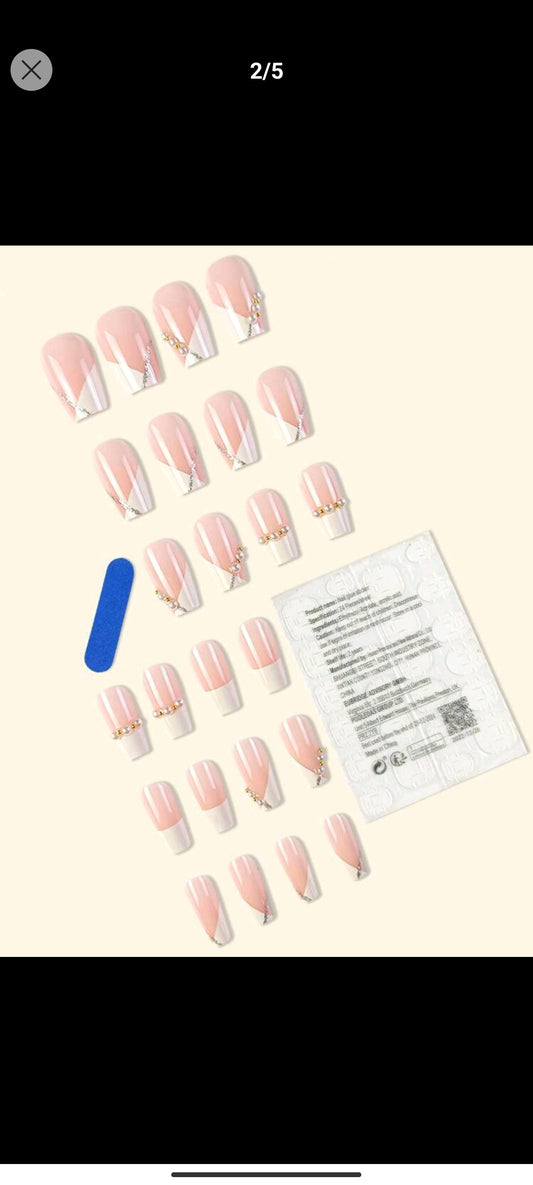 Shein 24pcs Medium Long T-shaped Pink Glitter French Geometry Patterned Nail Art Wrap, Detachable False Nails