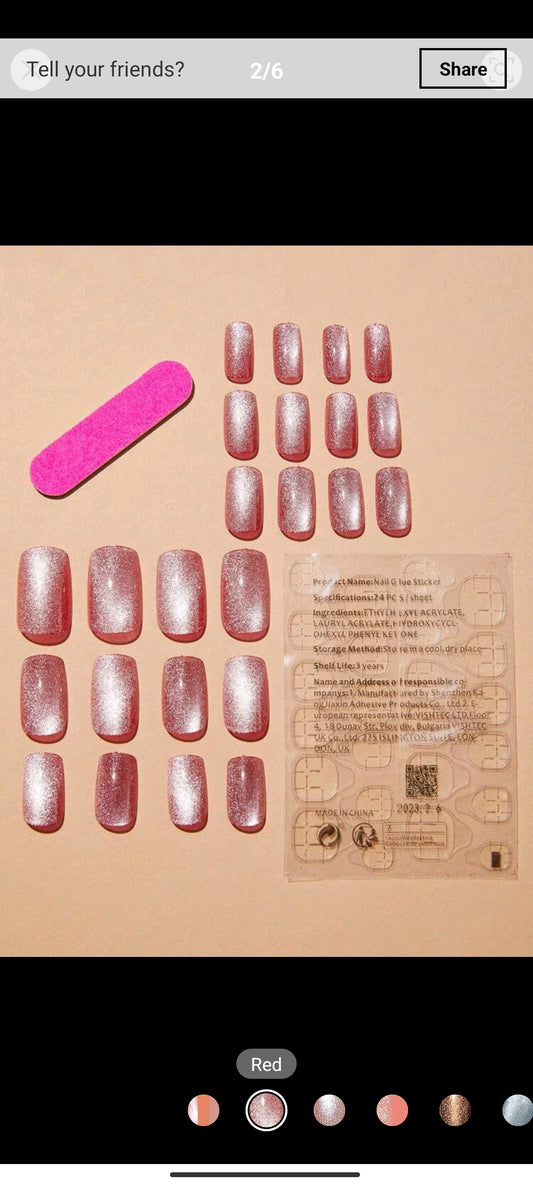 Shein Pink 24pcs Long Square Nude Cat Eye Glitter Fake Nails
