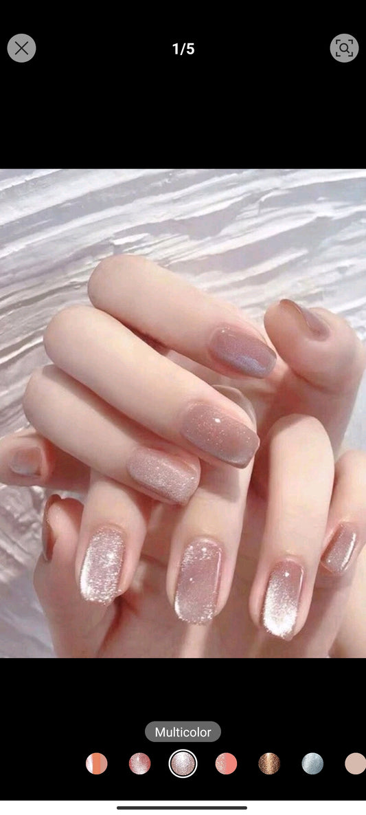 Shein Nude 24pcs Long Square Nude Cat Eye Glitter Fake Nails