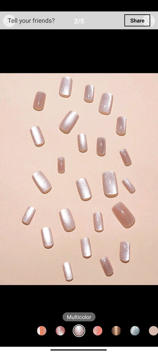 Shein Nude 24pcs Long Square Nude Cat Eye Glitter Fake Nails