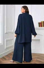 SHEIN LUNE Plus Solid Button Front Shirt & Wide Leg Pants (XL)