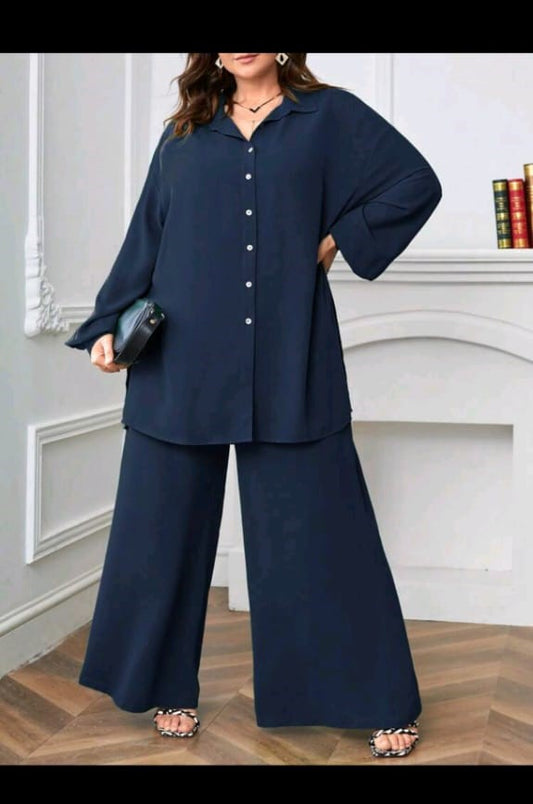 SHEIN LUNE Plus Solid Button Front Shirt & Wide Leg Pants (XL)