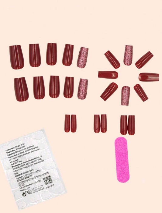 Shein Wine Red Solid Color Nails 24pcs