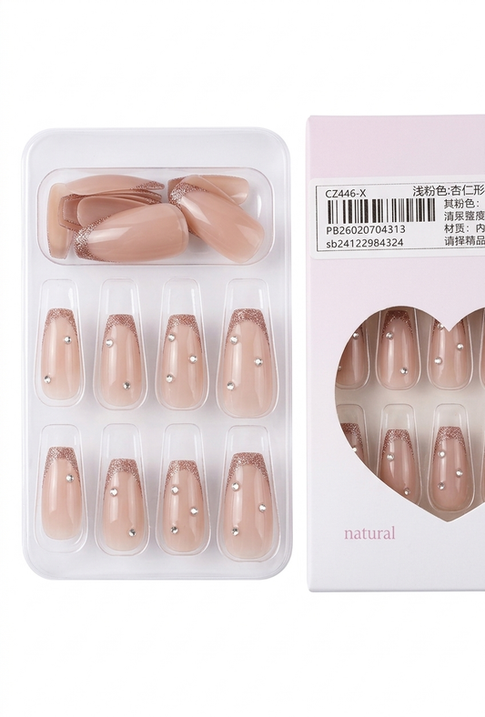 Shein False Nails with Rose Gold Glitter Tips & Rhinestones