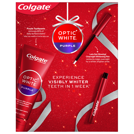 Colgate Optic White Overnight Teeth Whitening Pen and Purple Toothpaste Holiday Gift Set
